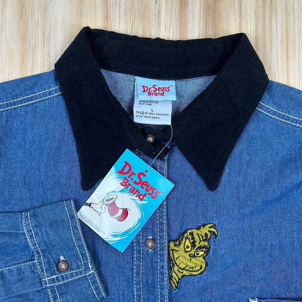 Vintage Dr. Seuss The Grinch Embroidered Denim Shirt Large Christmas Deadstock - Picture 2 of 11
